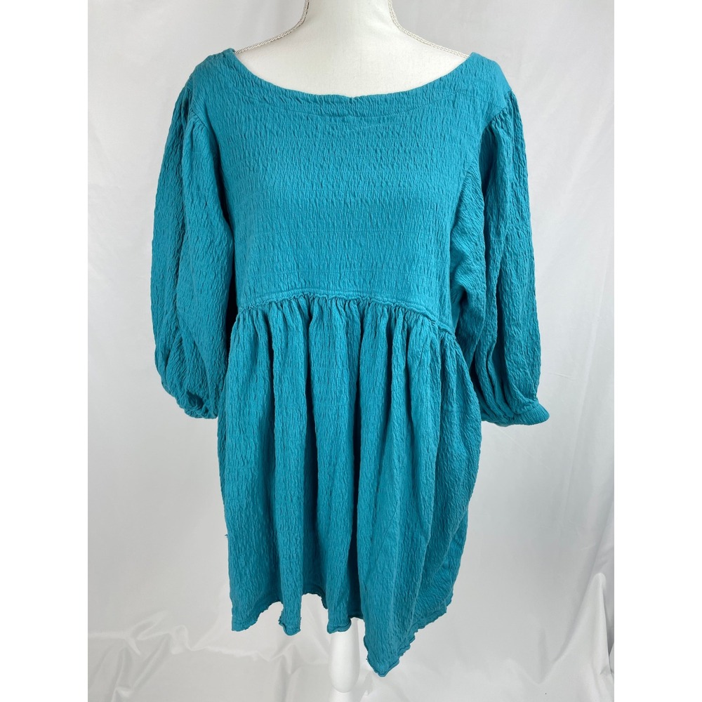 Free People FP Beach Women Large Teal Get Obsessed‎ Babydoll Dress Puff Sleeve